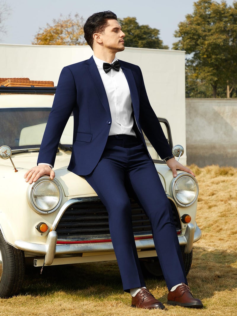 WEEN CHARM Men's Suit Regular Fit 2 Piece Wedding Tuxedo One Button Groom Prom Party Solid Blazer Pants Suit Set Navy Blue - Image 4